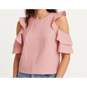 Club Monaco Women’s Red & White Striped Cold-Shoulder Ruffle Blouse – Size XS